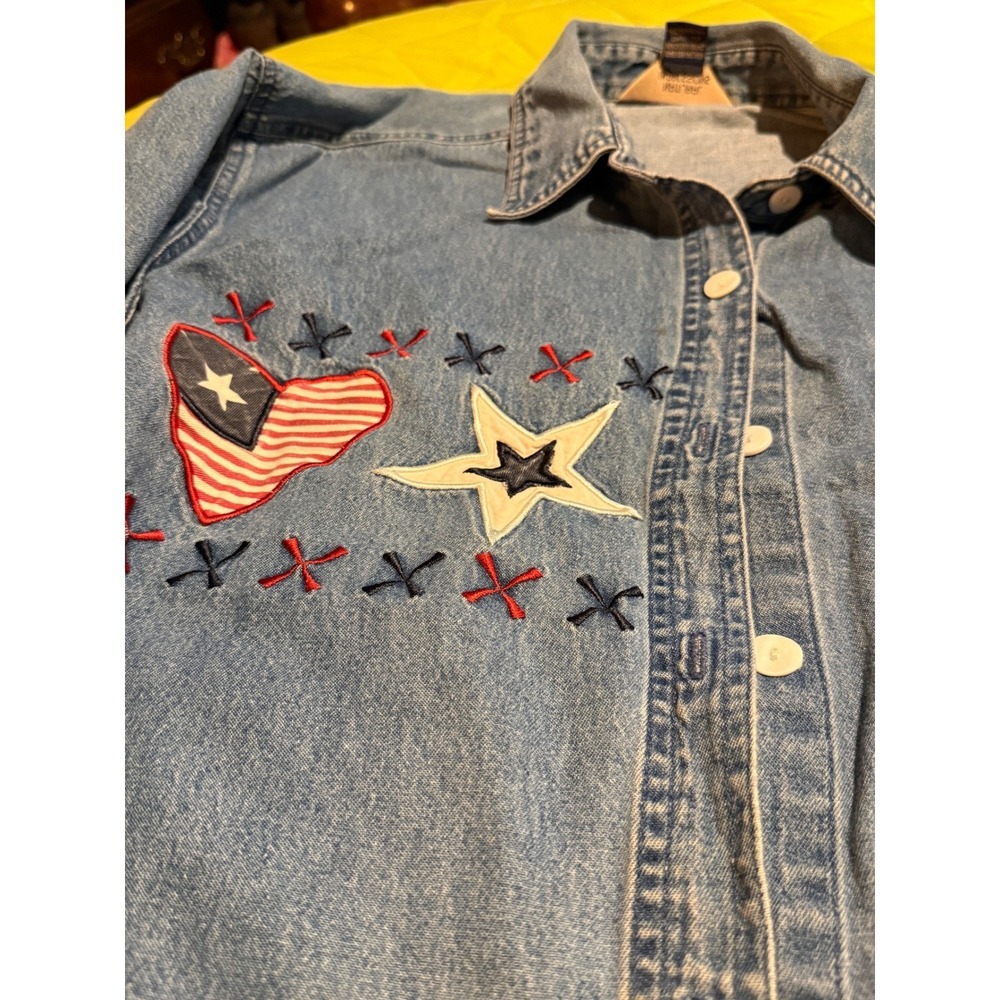 Natural Impressions Denim Shirt Women XL Blue Good Patriotic Stars Americana - Picture 4 of 10